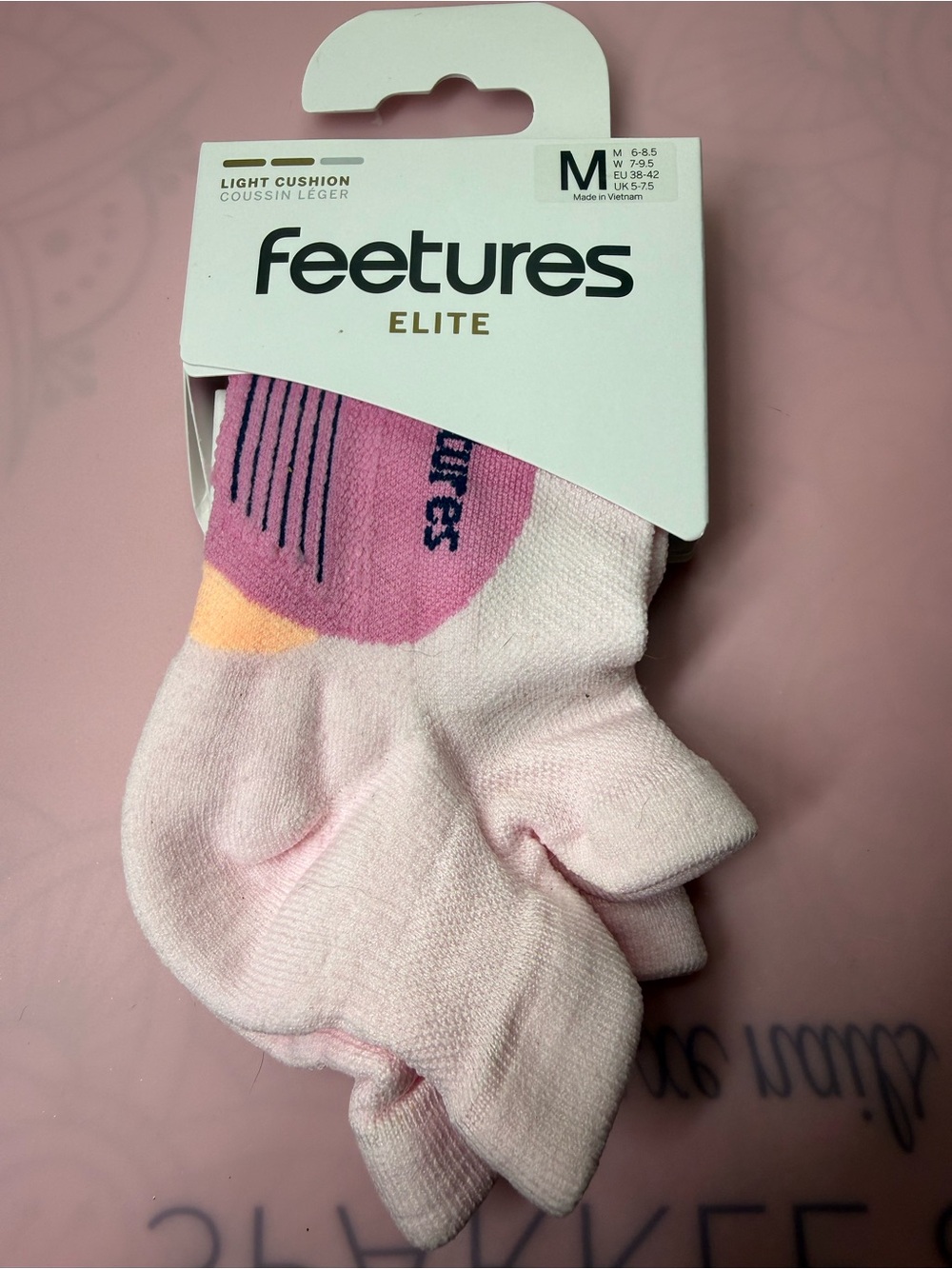 Feetures Elite Women’s Pink Athletic Low-Cut Socks with Dark Pink Accent